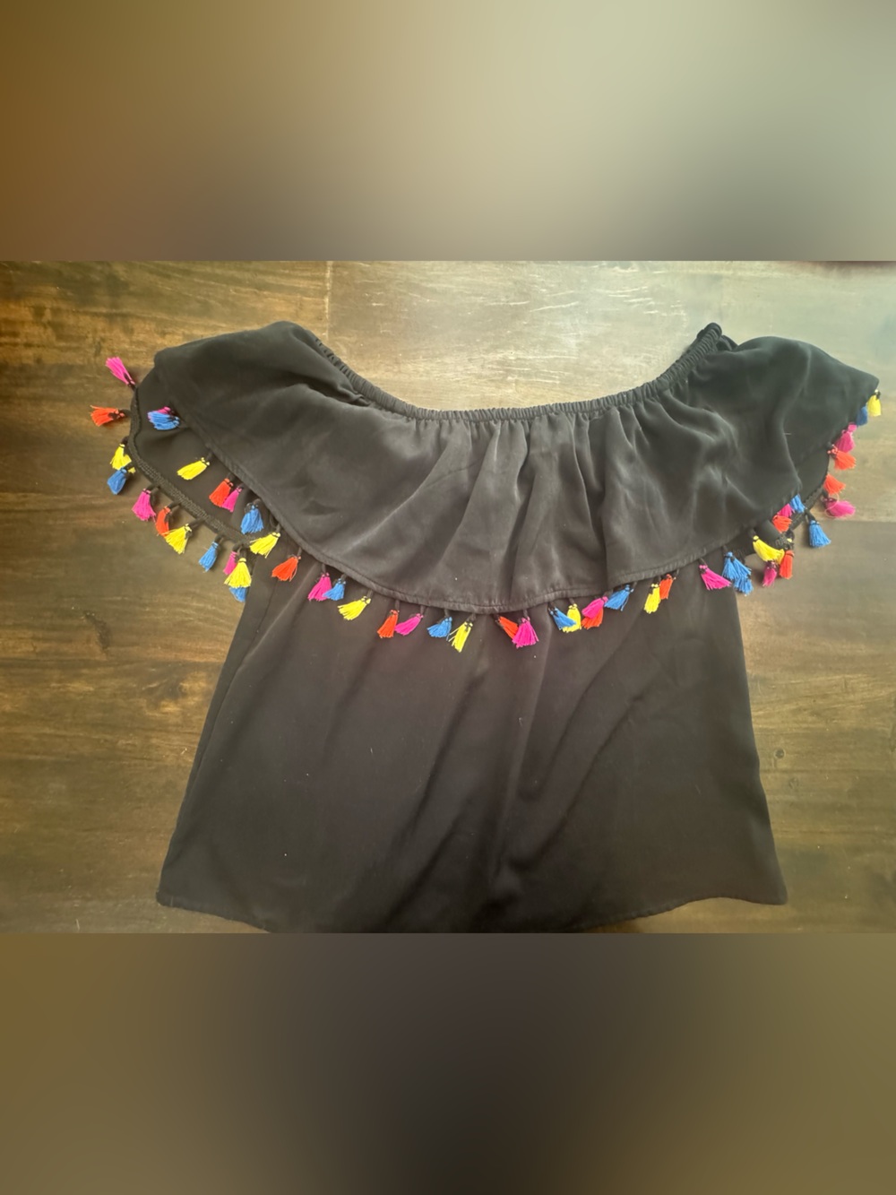 INC International Concepts Black Off-Shoulder Crop Top with Multicolor Tassels